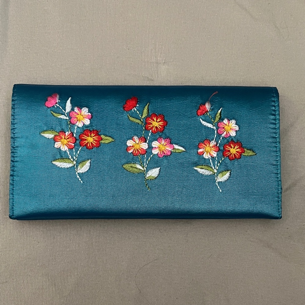 Floral Embroidered Teal Clutch
